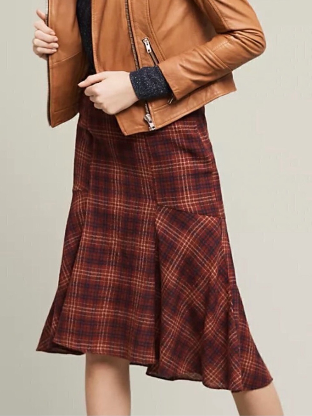 Maeve by Anthropologie Red Plaid Flared Midi Skirt wool, rayon blend sizes 8 - Picture 3 of 13
